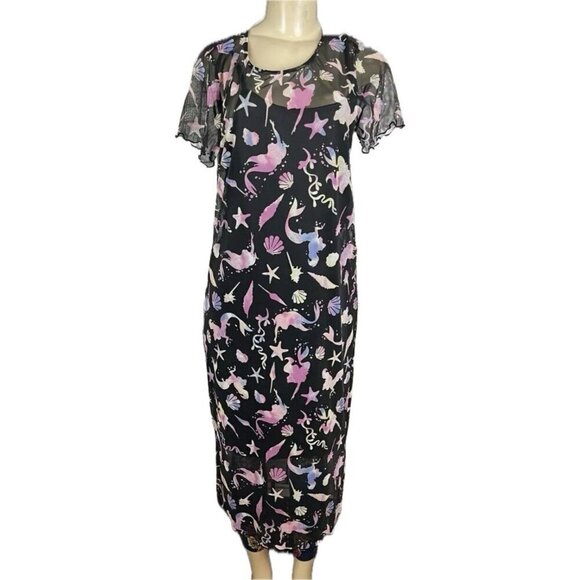 Disney XL-1 Little Mermaid Graphic Mesh Sheer Lined Short Sleeve Midi Dress - Picture 4 of 6